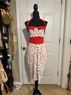 Red Halter Cherry Print Vintage-Inspired Dress